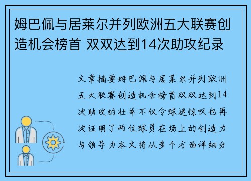 姆巴佩与居莱尔并列欧洲五大联赛创造机会榜首 双双达到14次助攻纪录